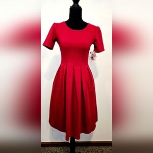 LuLaRoe Red Fit & Flare Dress XS Textured Knit Pockets Party Occasion Flirty